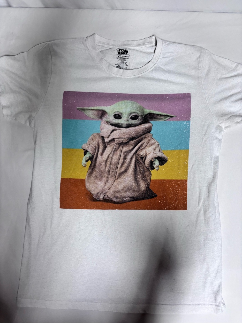 Star Wars Grogu Baby Yoda Retro Stripe Graphic T-Shirt White Size M